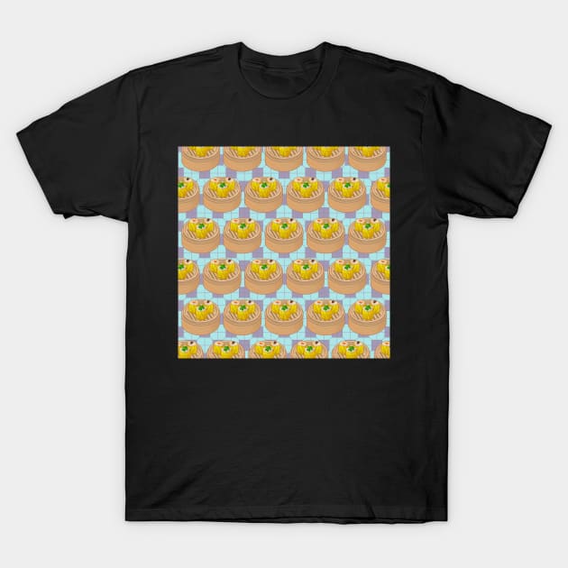 Dim Sum Funky Hong Kong Street Food with Sky Blue and Dusty Pink Tile Floor - Pop Art T-Shirt by CRAFTY BITCH